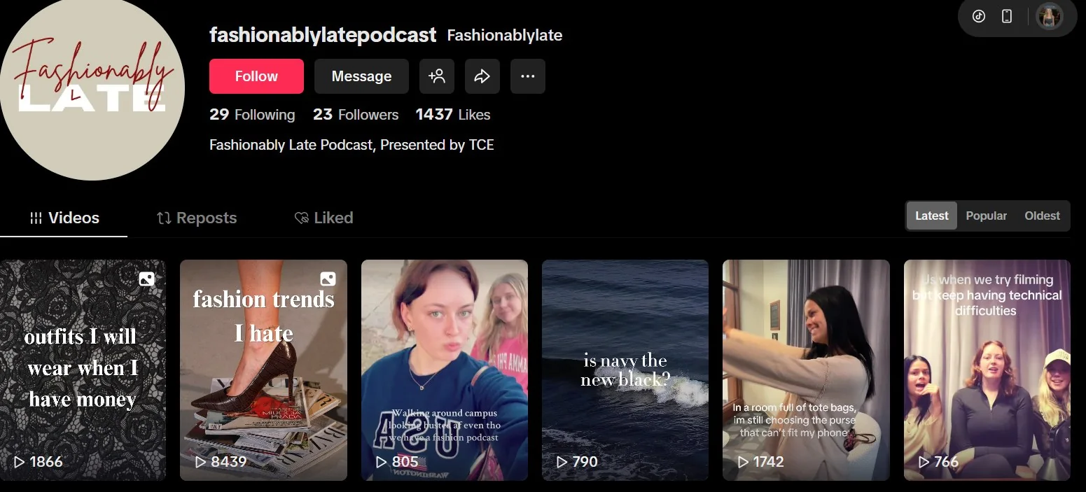 Fashionably Late TikTok channel